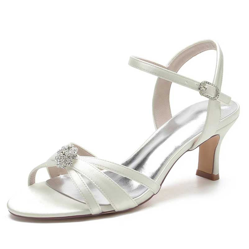 bridesmaid satin sandals low heel in white with sparkling embellishment for elegant occasions