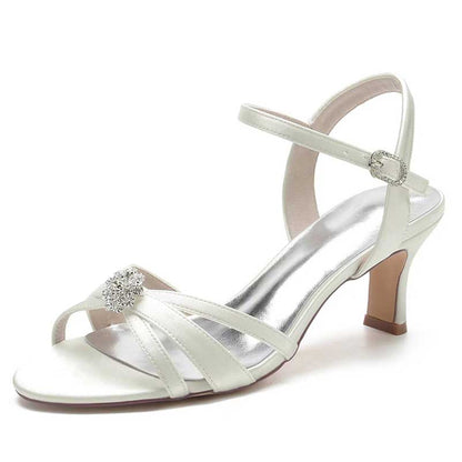 bridesmaid satin sandals low heel in white with sparkling embellishment for elegant occasions