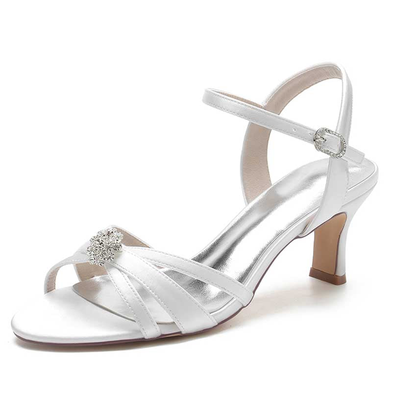 bridesmaid satin sandals low heel in white with elegant strap design and decorative buckle