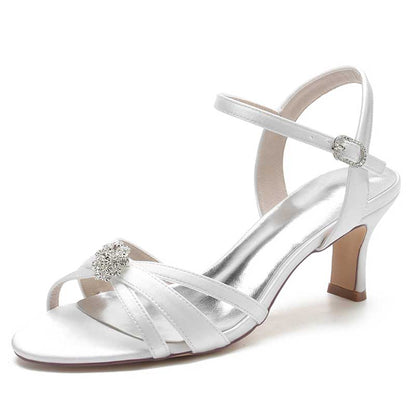 bridesmaid satin sandals low heel in white with elegant strap design and decorative buckle