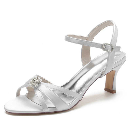 Elegant white bridesmaid satin sandals low heel with a rhinestone accent and ankle strap