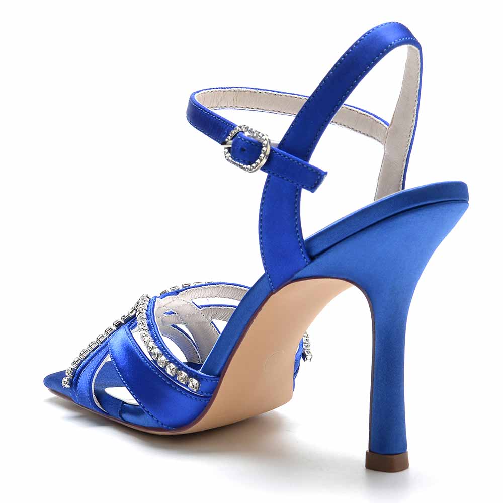 Elegant blue sequined satin bridesmaid sandals with a stylish stiletto heel and decorative ankle strap