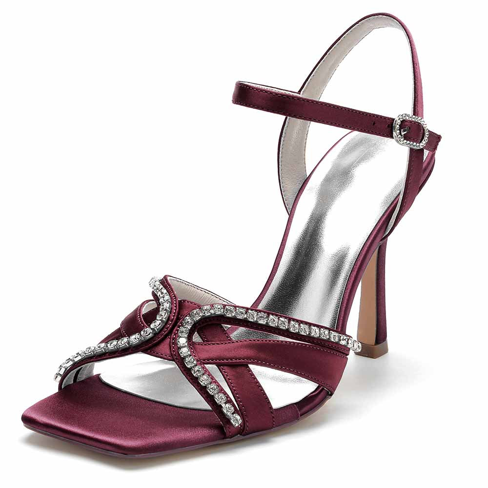 Burgundy sequined satin bridesmaid sandals with sparkling rhinestone details and ankle strap
