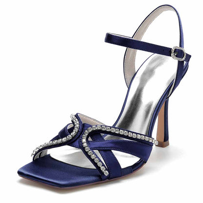 S&DCo. sequined satin bridesmaid sandals in navy blue with embellished straps and high heel