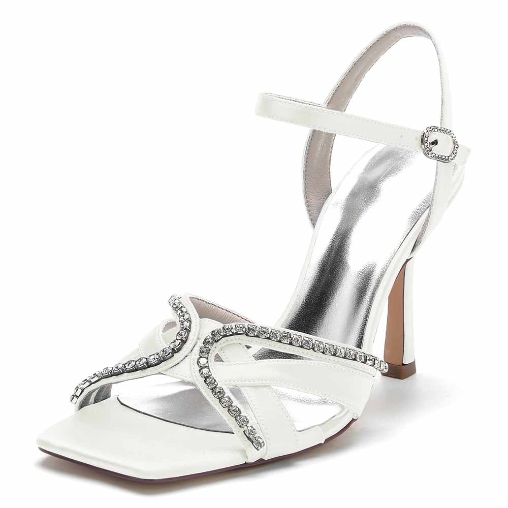 Elegant white sequined satin bridesmaid sandals with a sleek heel and stylish ankle strap