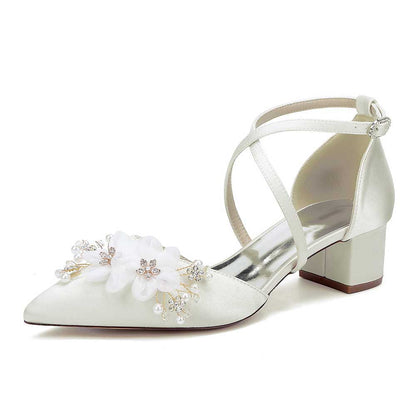Elegant white heels with flower detail, perfect bridesmaid shoes with flower detail for weddings