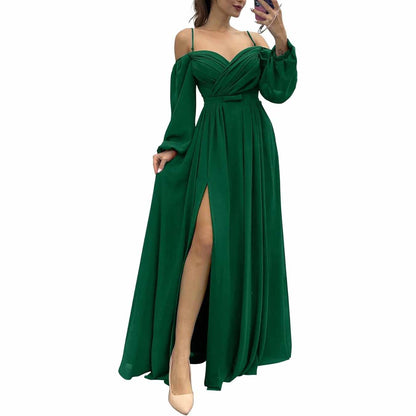 Women's Bridesmaid Dresses Long Sleeves Spaghetti Strap Split Ruched Wedding Guest Dress