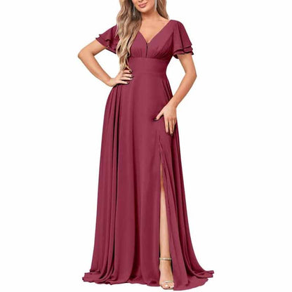 Chiffon Bridesmaid Dresses Long V Neck Formal Evening Gown with Slit