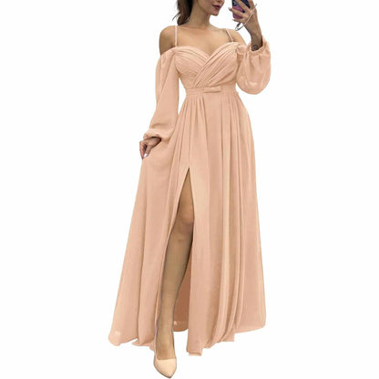 Women's Bridesmaid Dresses Long Sleeves Spaghetti Strap Split Ruched Wedding Guest Dress