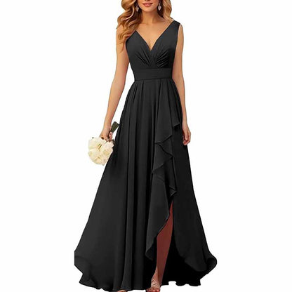 Chiffon Bridesmaid Dresses with Slit Ruffle Pleated Formal Prom Party Dress