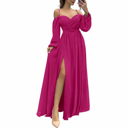 Women's Bridesmaid Dresses Long Sleeves Spaghetti Strap Split Ruched Wedding Guest Dress