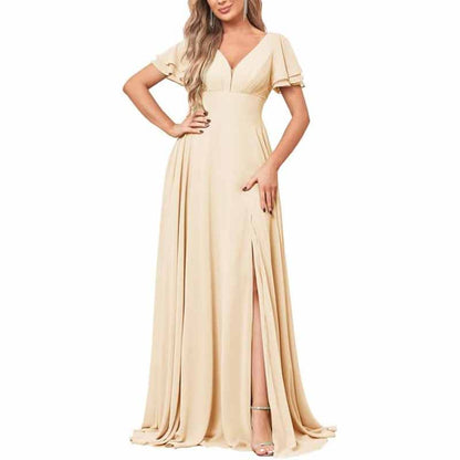 Chiffon Bridesmaid Dresses Long V Neck Formal Evening Gown with Slit