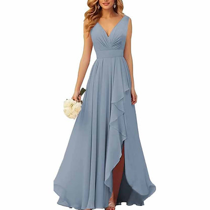 Chiffon Bridesmaid Dresses with Slit Ruffle Pleated Formal Prom Party Dress