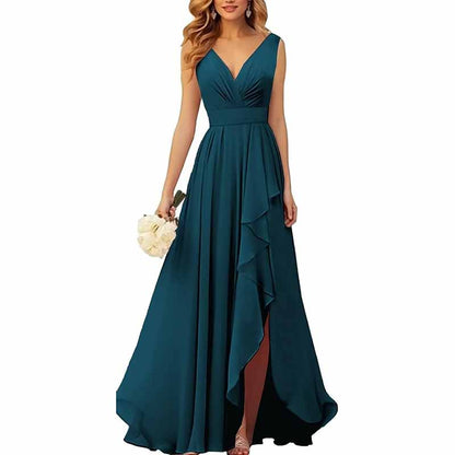 Chiffon Bridesmaid Dresses with Slit Ruffle Pleated Formal Prom Party Dress