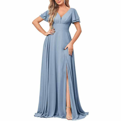 Chiffon Bridesmaid Dresses Long V Neck Formal Evening Gown with Slit