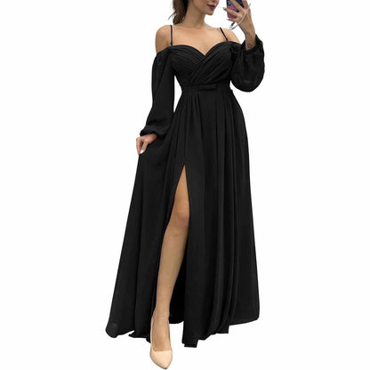 Women's Bridesmaid Dresses Long Sleeves Spaghetti Strap Split Ruched Wedding Guest Dress