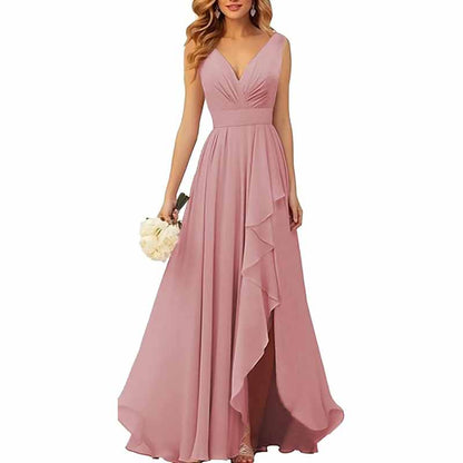 Chiffon Bridesmaid Dresses with Slit Ruffle Pleated Formal Prom Party Dress