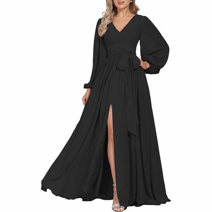 Long Chiffon Bridesmaid Dresses A Line V Neck Formal Wedding Guest Dress with Slit