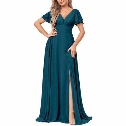 Chiffon Bridesmaid Dresses Long V Neck Formal Evening Gown with Slit