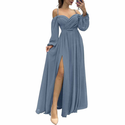 Women's Bridesmaid Dresses Long Sleeves Spaghetti Strap Split Ruched Wedding Guest Dress
