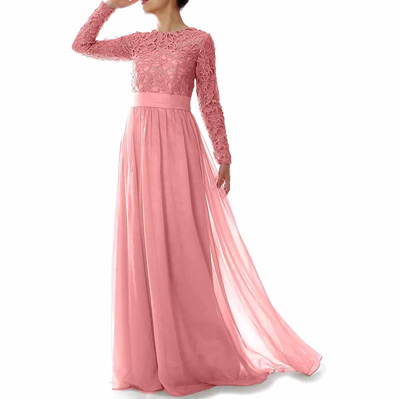 Women Lace Bridesmaid Dress Formal Party Evening Gown Long Sleeve Mother of Bride Dress