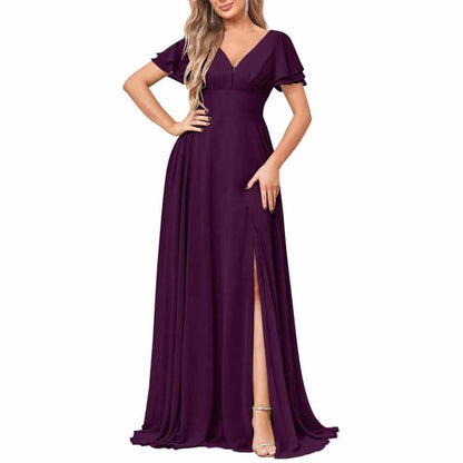 Chiffon Bridesmaid Dresses Long V Neck Formal Evening Gown with Slit