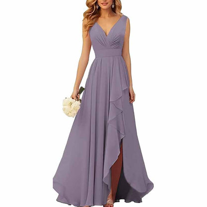 Chiffon Bridesmaid Dresses with Slit Ruffle Pleated Formal Prom Party Dress