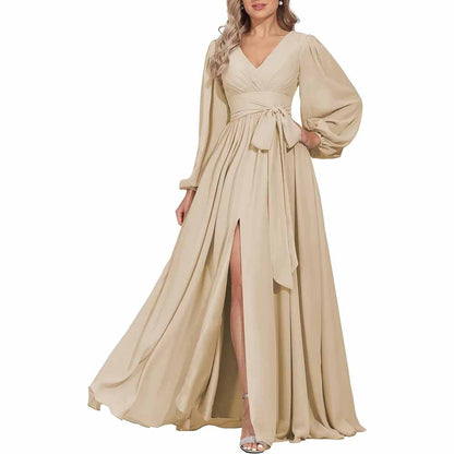 Long Chiffon Bridesmaid Dresses A Line V Neck Formal Wedding Guest Dress with Slit