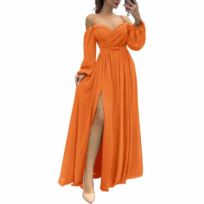 Women's Bridesmaid Dresses Long Sleeves Spaghetti Strap Split Ruched Wedding Guest Dress