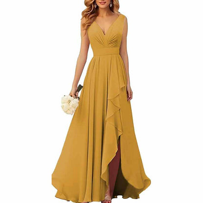 Chiffon Bridesmaid Dresses with Slit Ruffle Pleated Formal Prom Party Dress