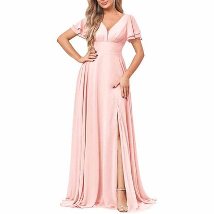 Chiffon Bridesmaid Dresses Long V Neck Formal Evening Gown with Slit