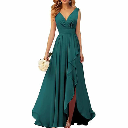 Chiffon Bridesmaid Dresses with Slit Ruffle Pleated Formal Prom Party Dress