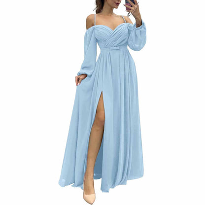 Women's Bridesmaid Dresses Long Sleeves Spaghetti Strap Split Ruched Wedding Guest Dress