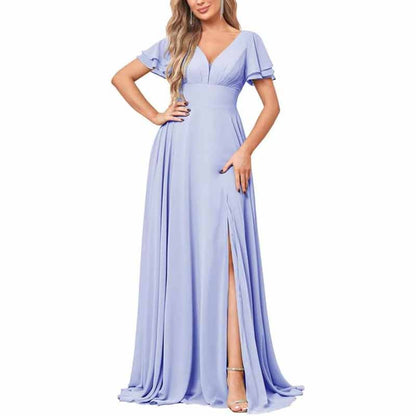 Chiffon Bridesmaid Dresses Long V Neck Formal Evening Gown with Slit