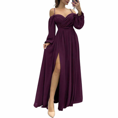 Women's Bridesmaid Dresses Long Sleeves Spaghetti Strap Split Ruched Wedding Guest Dress
