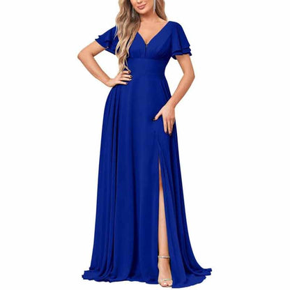 Chiffon Bridesmaid Dresses Long V Neck Formal Evening Gown with Slit