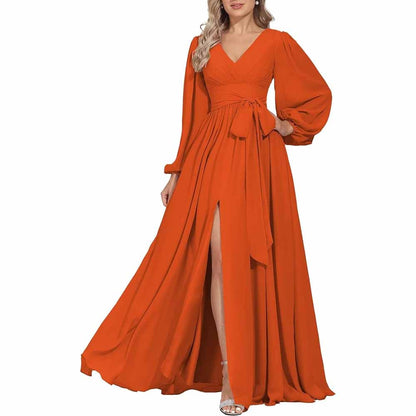 Long Chiffon Bridesmaid Dresses A Line V Neck Formal Wedding Guest Dress with Slit