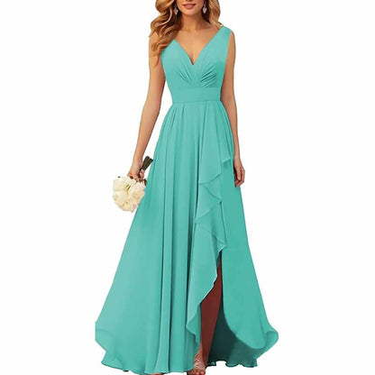 Chiffon Bridesmaid Dresses with Slit Ruffle Pleated Formal Prom Party Dress