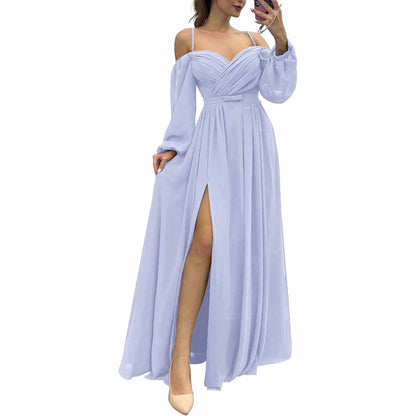 Women's Bridesmaid Dresses Long Sleeves Spaghetti Strap Split Ruched Wedding Guest Dress