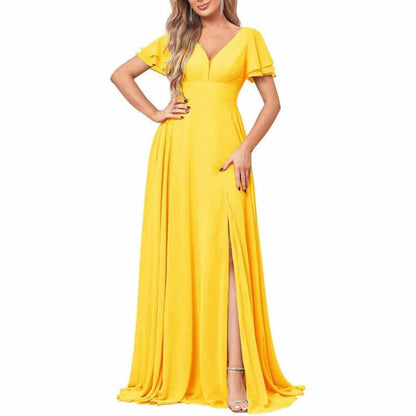 Chiffon Bridesmaid Dresses Long V Neck Formal Evening Gown with Slit
