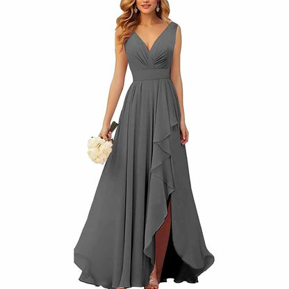 Chiffon Bridesmaid Dresses with Slit Ruffle Pleated Formal Prom Party Dress