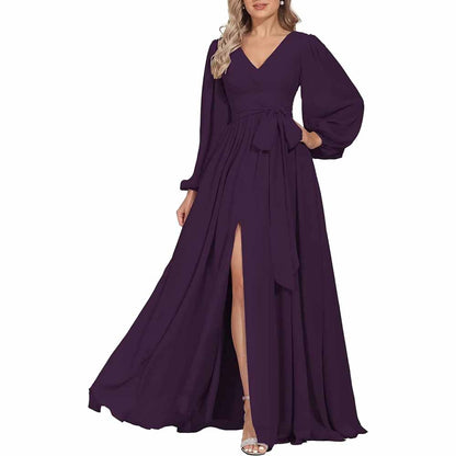 Long Chiffon Bridesmaid Dresses A Line V Neck Formal Wedding Guest Dress with Slit