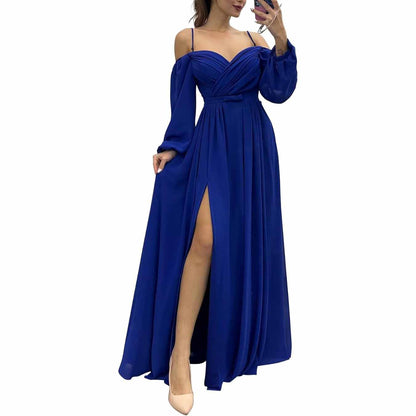 Women's Bridesmaid Dresses Long Sleeves Spaghetti Strap Split Ruched Wedding Guest Dress