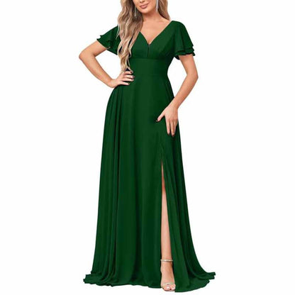 Chiffon Bridesmaid Dresses Long V Neck Formal Evening Gown with Slit