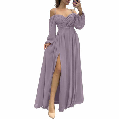 Women's Bridesmaid Dresses Long Sleeves Spaghetti Strap Split Ruched Wedding Guest Dress