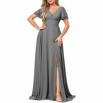 Chiffon Bridesmaid Dresses Long V Neck Formal Evening Gown with Slit