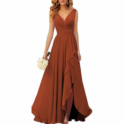 Chiffon Bridesmaid Dresses with Slit Ruffle Pleated Formal Prom Party Dress
