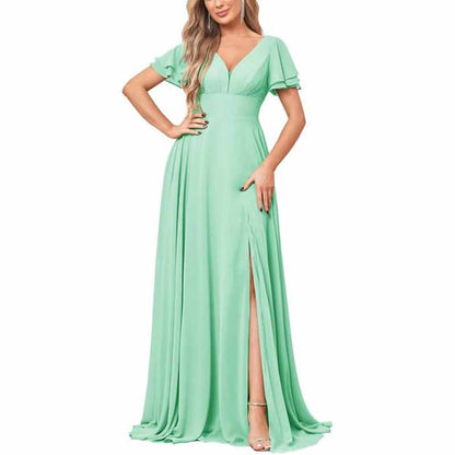Chiffon Bridesmaid Dresses Long V Neck Formal Evening Gown with Slit