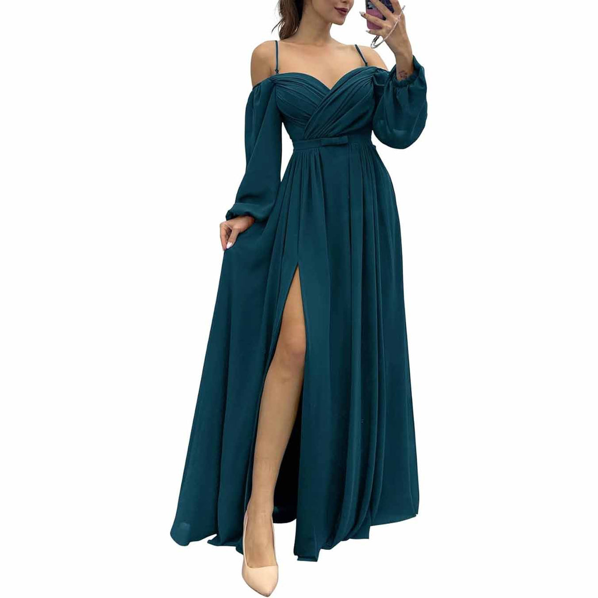 Women's Bridesmaid Dresses Long Sleeves Spaghetti Strap Split Ruched W