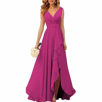 Chiffon Bridesmaid Dresses with Slit Ruffle Pleated Formal Prom Party Dress